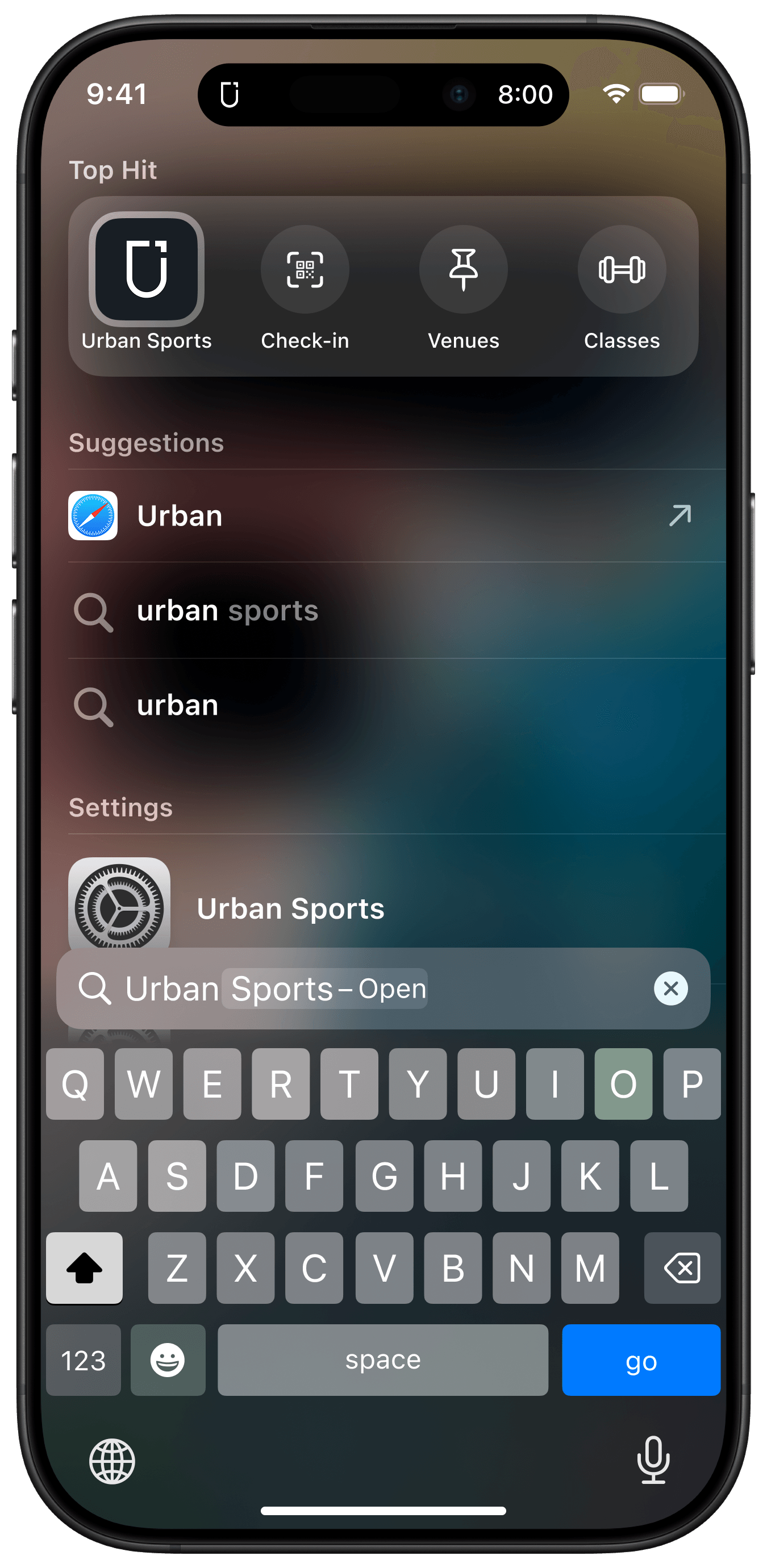 Urban Sports Club Spotlight search suggestion concept
