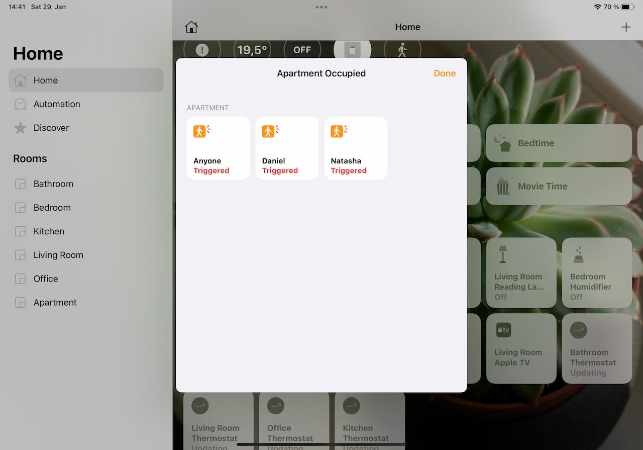 Virtual occupancy sensors created using homebridge-people