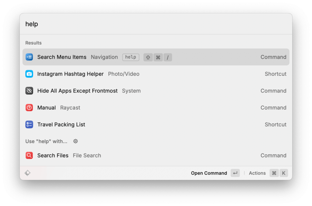Alias and hotkey features in Raycast