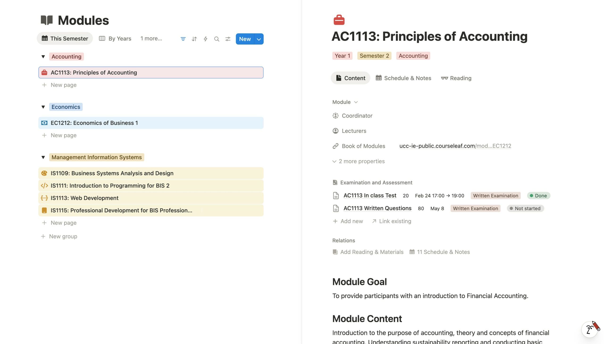 notion university dashboard template modules