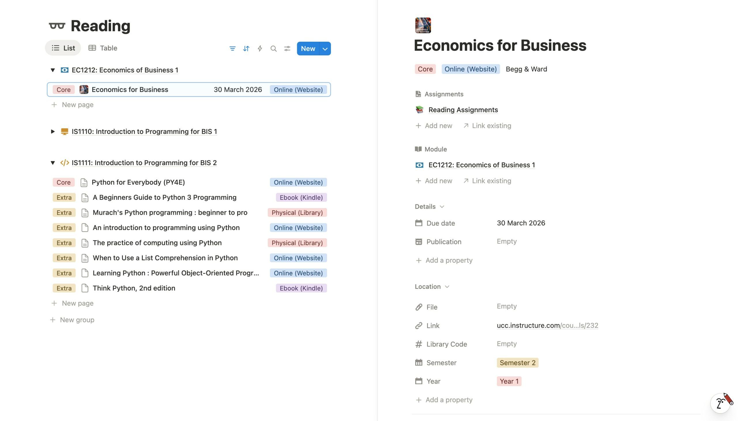 notion university dashboard template reading