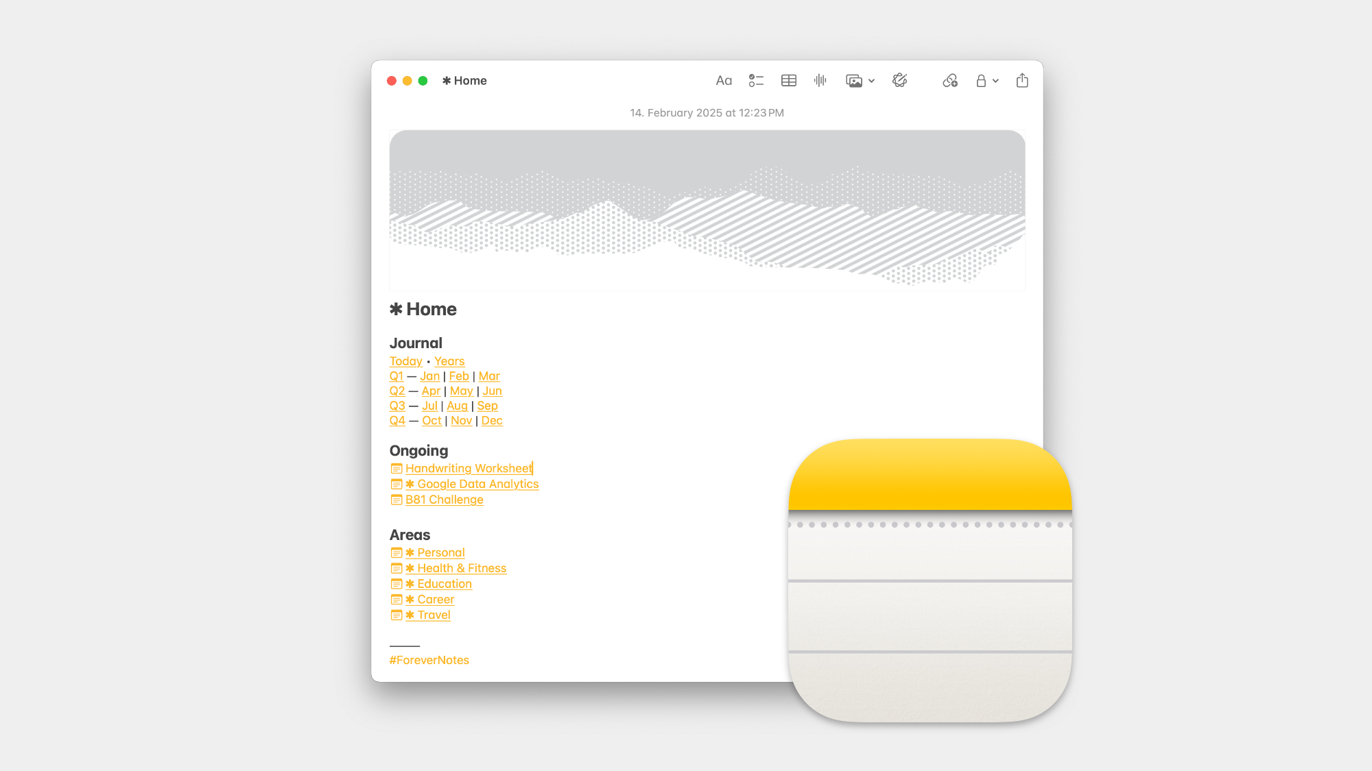 Screenshot of Apple Notes on macOS with the Forever Notes system implementation with the Apple Notes Icon